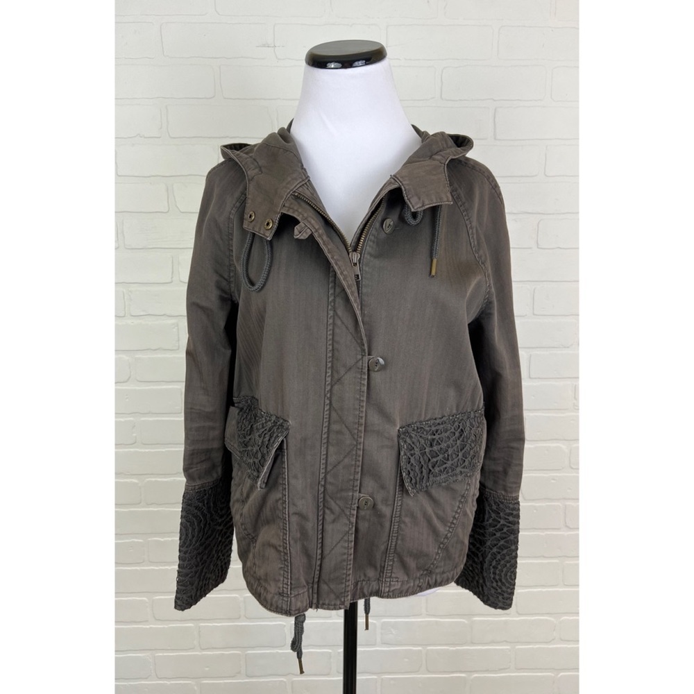 Hei Hei Anthropologie Lace Detail Hooded Zip Front Button Utility Jacket Small